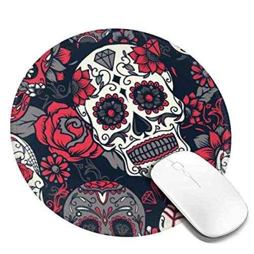 PEIGJH Redondo Alfombrilla Raton Gaming Hueso Blanco Gris Calaveras de Azúcar Rojo con Base de Goma Antideslizante para Gamers, PC y Portátil