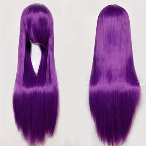 Peluca de cosplay de seda, 81 cm, pelo largo, resistente al calor, sintético, morado, disfraz de anime para fiestas diarias, disfraces de Halloween