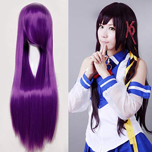 Peluca de cosplay de seda, 81 cm, pelo largo, resistente al calor, sintético, morado, disfraz de anime para fiestas diarias, disfraces de Halloween