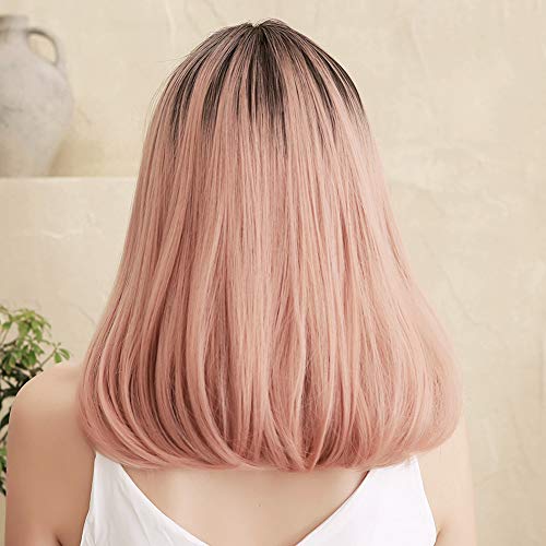 Peluca de mujer Cabello medio largo Rosa completo Fibra resistente al calor Pelucas de onda sintética Fiesta Cosplay Cabello falso para mujeres Halloween Vida diaria