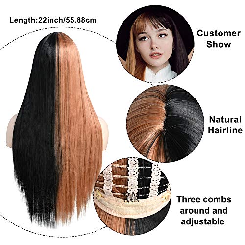 Peluca de pelo largo y liso Peluca de fibra sintética recta Ombre sedosa Peluca de fiesta de Halloween para cosplay para mujeres y niñas con flequillo natural (mitad negra/mitad rubia, 22 pulgadas)