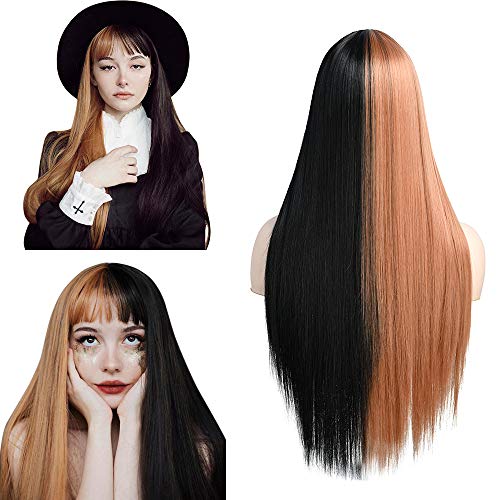 Peluca de pelo largo y liso Peluca de fibra sintética recta Ombre sedosa Peluca de fiesta de Halloween para cosplay para mujeres y niñas con flequillo natural (mitad negra/mitad rubia, 22 pulgadas)