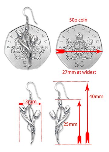 Pendientes de plata de ley Rennie Mackintosh con tres tulipanes – Tamaño: 13 mm x 25 mm (40 mm incluyendo alambre para pendientes).