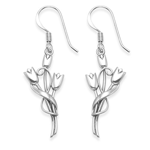 Pendientes de plata de ley Rennie Mackintosh con tres tulipanes – Tamaño: 13 mm x 25 mm (40 mm incluyendo alambre para pendientes).