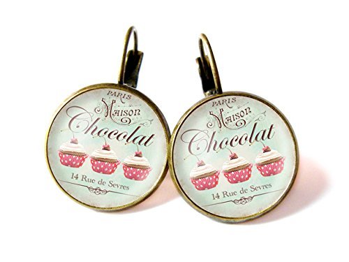 Pendientes de tuerca con diseño de cupcakes, tres tartas, pendientes de cabujón de cristal, imagen artística