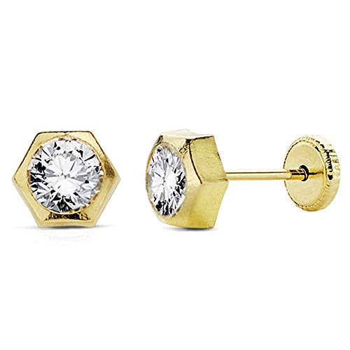 Pendientes Oro 18K Niña Hexágono 6mm. Circonita Tuerca [Ac0122]