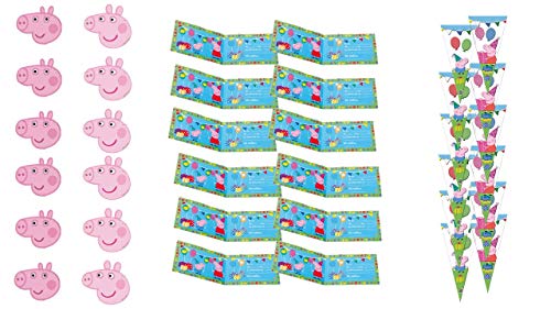 Peppa Pig 0483, Pack Invitados Fiestas y Cumpleaños, 12 caretas, 12 Conos para chuches, 12 Invitaciones con sobre