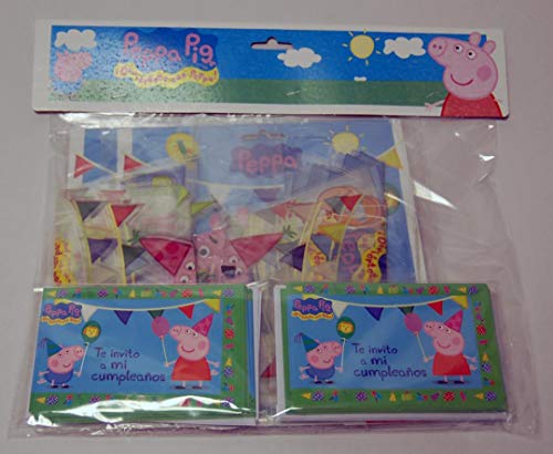 Peppa Pig 0483, Pack Invitados Fiestas y Cumpleaños, 12 caretas, 12 Conos para chuches, 12 Invitaciones con sobre