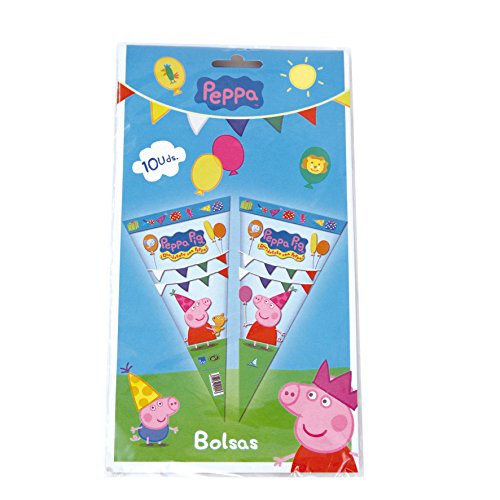 Peppa Pig 2356; Pack 6 Bolsas de Cono Ideal para Fiestas y cumpleaños; Bolsas para gominolas o Regalos; Producto de plástico; Dimensiones 20x40 cm