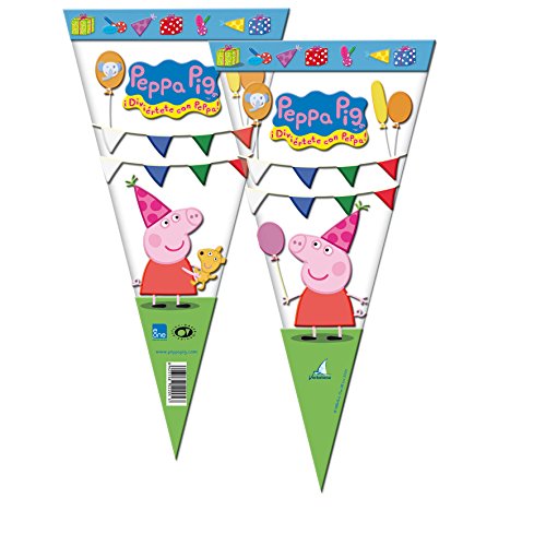 Peppa Pig 2356; Pack 6 Bolsas de Cono Ideal para Fiestas y cumpleaños; Bolsas para gominolas o Regalos; Producto de plástico; Dimensiones 20x40 cm