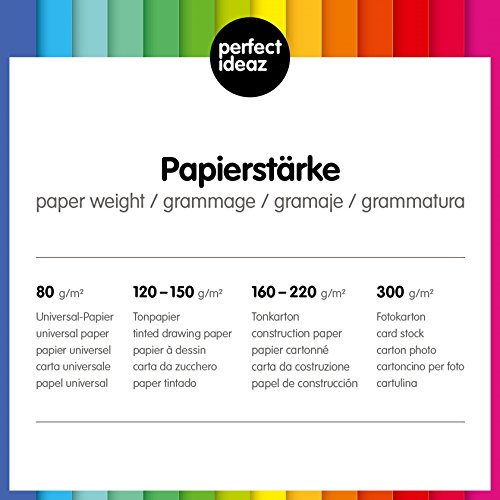 perfect ideaz cartulina cuché pastel DIN-A5 de colores 100 hojas, cartulina, de color, en 10 colores diferentes, grosor de 300g/m², hojas de la máxima calidad