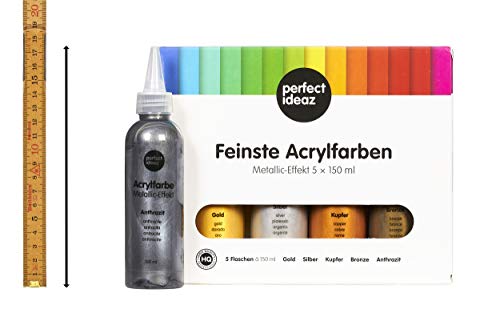 perfect ideaz Pinturas acrílicas Metalizadas (5 x 150 ml = 750 ml), 5 Pinturas Creativas Diferentes, Alta proporción de pigmentos de Colores, Pintura acrílica de Alta Cobertura y de Secado rápido