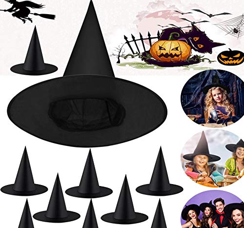 PERFETSELL 10 Pcs Gorro de Bruja Halloween Sombreros de Bruja para Halloween Gorro Bruja Halloween Gorros de Halloween para Niños y Adulto Familias para Disfraz de Bruja Halloween, Negro