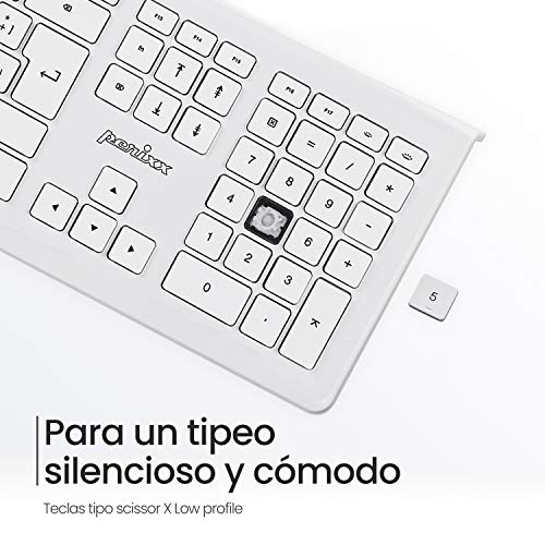 Perixx PERIBOARD-323 Teclado silencioso retroiluminado con Cable Compatible con Mac OSX, 11 Teclas Multimedia, LED Blanco, QWERTY Español