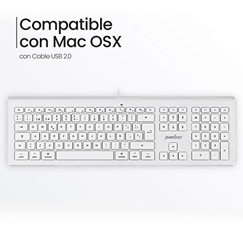 Perixx PERIBOARD-323 Teclado silencioso retroiluminado con Cable Compatible con Mac OSX, 11 Teclas Multimedia, LED Blanco, QWERTY Español