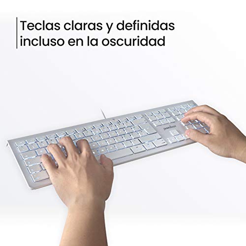 Perixx PERIBOARD-323 Teclado silencioso retroiluminado con Cable Compatible con Mac OSX, 11 Teclas Multimedia, LED Blanco, QWERTY Español