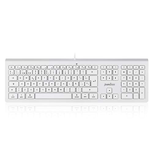 Perixx PERIBOARD-323 Teclado silencioso retroiluminado con Cable Compatible con Mac OSX, 11 Teclas Multimedia, LED Blanco, QWERTY Español