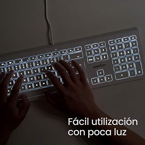 Perixx PERIBOARD-323 Teclado silencioso retroiluminado con Cable Compatible con Mac OSX, 11 Teclas Multimedia, LED Blanco, QWERTY Español