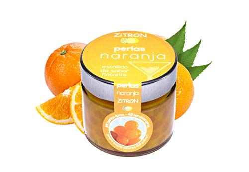 Perlas naranja para cóctel. Fruta concentrada en perlas para coctel /decoración / tapas / postres/ ensaladas / navidad / bebidas. Esferas zitron de alta calidad. Tarro de 180gr, 160-180 esferas.