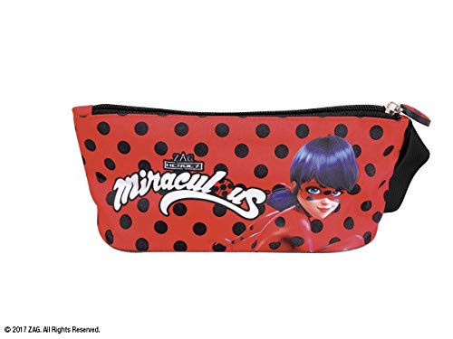 PERLETTI Estuche Infantil Prodigiosa Lady Bug para Niña Guarderia Escuela - Practico Portatodo Escolar de Viaje Miraculous Las aventuras de Ladybug y Cat Noir - Rojo y Lunares Dots Negros - 10x21x8 cm