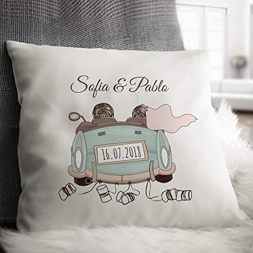 Personello Cojín Regalo de Boda (Atar el Dinero en el Coche Nupcial), con Texto (Nombre & Fecha), Personalizable, cojín Nupcial (40x40), Incluye el Relleno (Lazo Opcional)