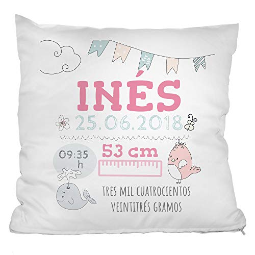 Personello Cojín Regalo de Nacimiento, Regalo para bebé, para niña, con Datos del Nacimiento (Nombre & Fecha) Personalizado, cojín de Nacimiento, Regalo Original con Nombre para bebé