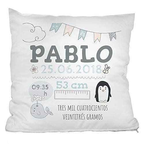 Personello Cojín Regalo de Nacimiento, Regalo para bebé, para niño, con Datos del Nacimiento (Nombre & Fecha) Personalizado, cojín de Nacimiento, Regalo Original con Nombre para bebé