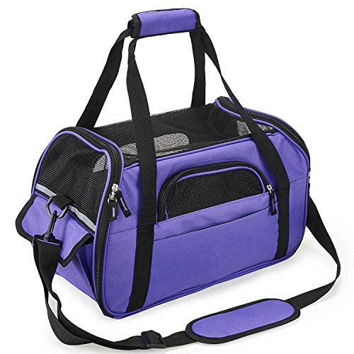 Petcomer Transportín para Perros Y Gatos Portador del Animal Doméstico Bolsa de Malla Transpirable de Viaje Bolso Lateral Suave Bolso de Hombro Bolso del Animal Doméstico (M 43x23x29 cm, Morado)