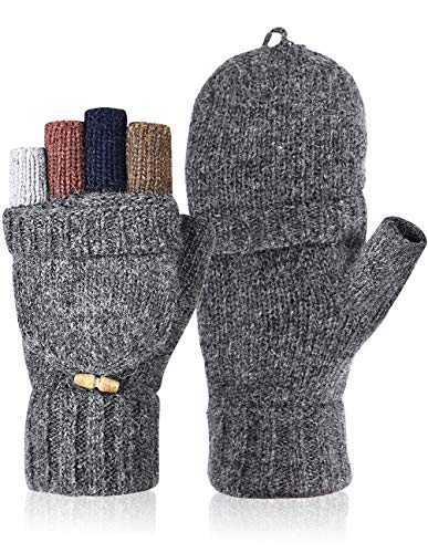 Petrunup Guantes sin dedos de punto de invierno para mujer Mezcla de lana Mitones cálidos Damas Medio dedo Hombres Gris