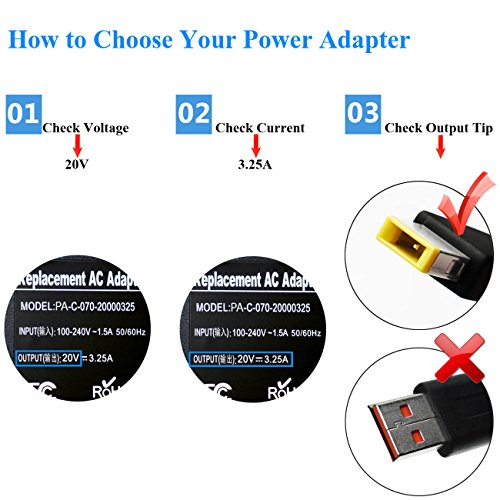 PFMY Adaptador Cargador 65W 20V 3.25A para Portátiles Ordenador Lenovo X1 Carbon G70 G40 G50 G50 80 G500 G500S G50-30 G50-45 G505 G505S G50-70 G50-80 G510 G700 G70-70 IdeaPad Yoga 11 11E 11S