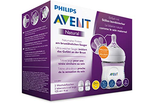 Philips Avent Biberón Natural SCF030/27 - Pack de dos biberones de 125 ml con tetina con flujo para recién nacidos, diseñada para imitar el tacto del pecho, 0% BPA, 0m+, color transparente