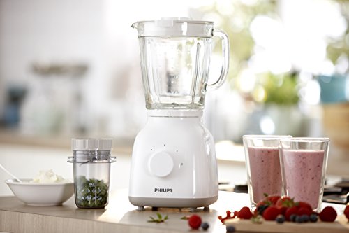 Philips Daily HR2105/00 - Batidora Americana de Vaso, 400 W, Jarra 1.5L, Cristal, Color Blanco