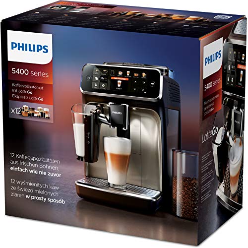 Philips EP5447/90 Serie 5400 Cafetera superautomática, 12 variedades de café, Tecnología LatteGo, Molinillo cerámico, Pantalla táctil