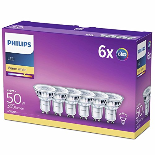 Philips GU10 LED - Bombillas Cristal, 4.6 W Equivalentes a 50 W en Incandescencia, 355 Lúmenes, Luz Blanca Cálida, pack de 6