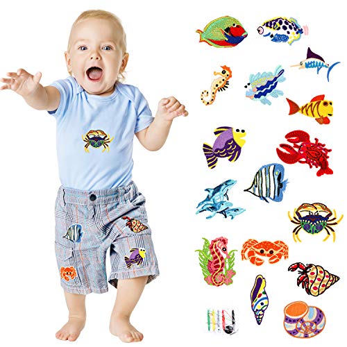 PHOGARY 16 piezas Parches de pescado para niños (planchados o cosidos), Apliques Bordados de Vida Marina Tamaño Variado - Coser Parches para Ropa Chaquetas Mochilas Jeans bebé