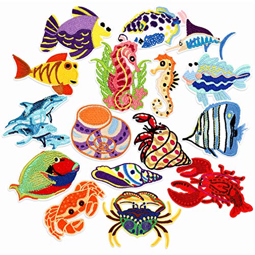 PHOGARY 16 piezas Parches de pescado para niños (planchados o cosidos), Apliques Bordados de Vida Marina Tamaño Variado - Coser Parches para Ropa Chaquetas Mochilas Jeans bebé