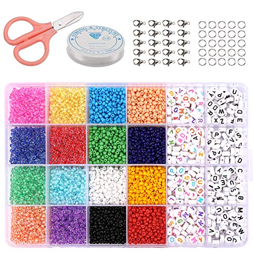 PHOGARY 6600pcs 3mm Semillas Abalorios (8/0) con 440pcs 6mm Cuentas del Alfabeto (Negro y colorido) Colores Mezclados Pequeño Abalorios Kit Surtido