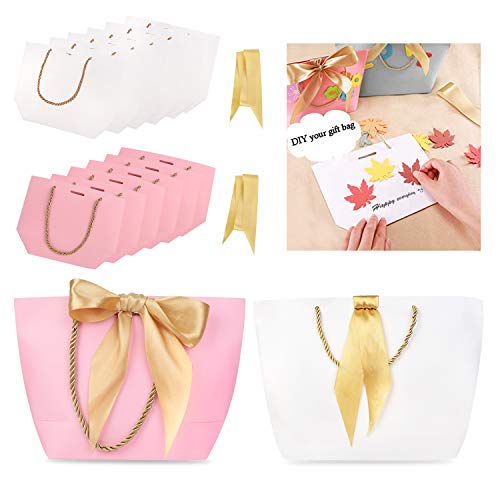 Phogary Bolsas de regalo con asas - 12PCS 11x7.9x3.5 Papel Bolso del favor de fiesta con lazo para Cumpleaños Envoltura de regalo de boda (rosa y blanco, medio)