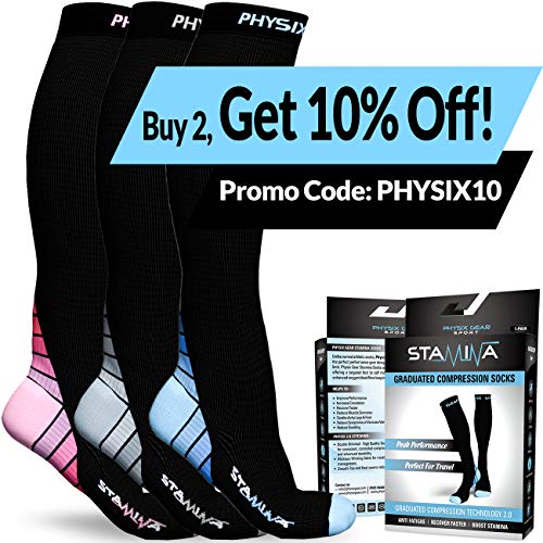 Physix Gear Sport Calcetines de compresión, los Mejores Calcetines compresión Mujer y Hombre para el Dolor de pies y Gemelos, Medias de compresión Hombre y Mujer, 1 par, S/M, Negro/Beige