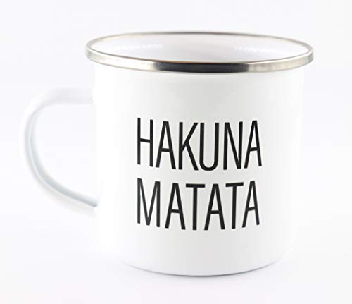 Picsonpaper Taza esmaltada con texto Hakuna Matata, regalo, taza de acero inoxidable, taza de metal, taza de camping, taza de café