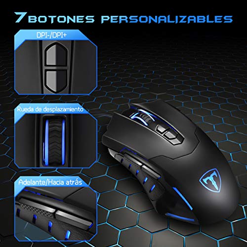 PICTEK - Ratón de Gaming con 7 Botones, programable, con Cable, 7200 PPP Ajustables, ratón de Juego Profesional para PC, Ordenador portátil