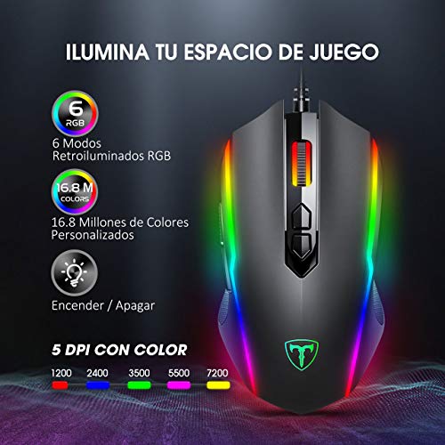 PICTEK - Ratón Gaming Programable con Retroiluminado Personalizable Compatible con Windows7/8/10/Xp/Vista, Negro