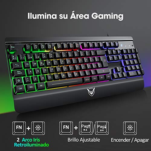 PICTEK Teclado Gaming, Teclado Gaming PC LED Retroiluminación con Cable Teclado, 12 Atajos Multimedia, 19 Anti-Ghosting, Teclado USB de 1,6 M, Teclado Metálico para PC/Windows/PS4, Negro