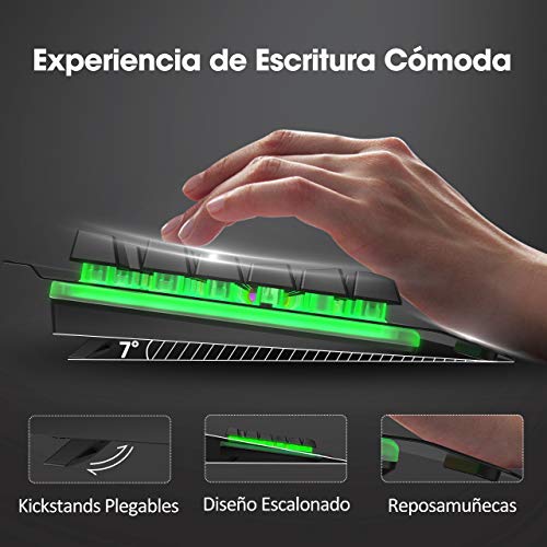 PICTEK Teclado Gaming, Teclado Gaming PC LED Retroiluminación con Cable Teclado, 12 Atajos Multimedia, 19 Anti-Ghosting, Teclado USB de 1,6 M, Teclado Metálico para PC/Windows/PS4, Negro