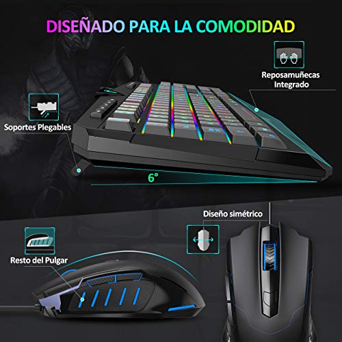 PICTEK Teclado y Raton Gaming RGB, Teclado Gaming RGB USB con Luz con Teclas Multimedia, Alfombrilla, 25 Teclas Anti-Ghosting