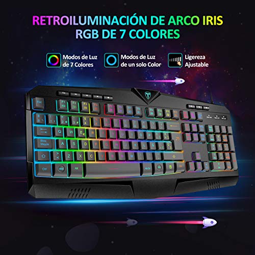 PICTEK Teclado y Raton Gaming RGB, Teclado Gaming RGB USB con Luz con Teclas Multimedia, Alfombrilla, 25 Teclas Anti-Ghosting