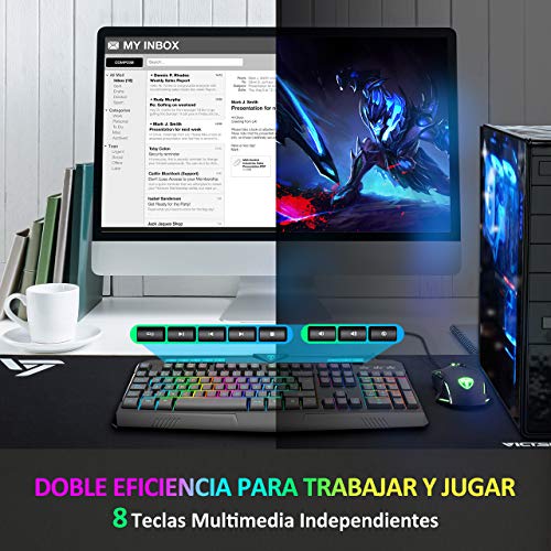 PICTEK Teclado y Raton Gaming RGB, Teclado Gaming RGB USB con Luz con Teclas Multimedia, Alfombrilla, 25 Teclas Anti-Ghosting