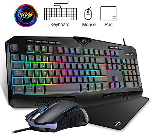 PICTEK Teclado y Raton Gaming RGB, Teclado Gaming RGB USB con Luz con Teclas Multimedia, Alfombrilla, 25 Teclas Anti-Ghosting