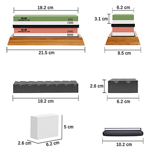 Piedra de Afilar (Grano 400/1000, 3000/8000), Piedra de Afiladores para Cuchillos con Base de Bambú Antideslizante, Soporte de Silicona, Piedra de Alisadora, Guía de Ángulo, Piedra de Aplanamiento