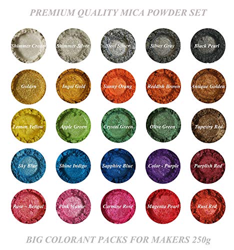 Pigmento en polvo de mica (25 colores 10 g cada uno) el último gran pigmento en polvo efecto metálico para pigmento de color resina epoxi, kit para hacer jabón